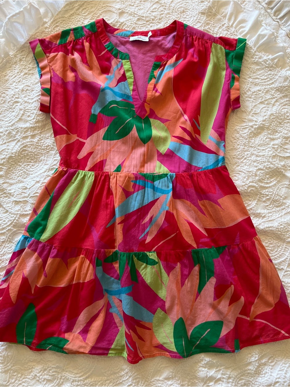 Vineyard Vines Bright Pink Tropical Leaf Tiered Midi Dress